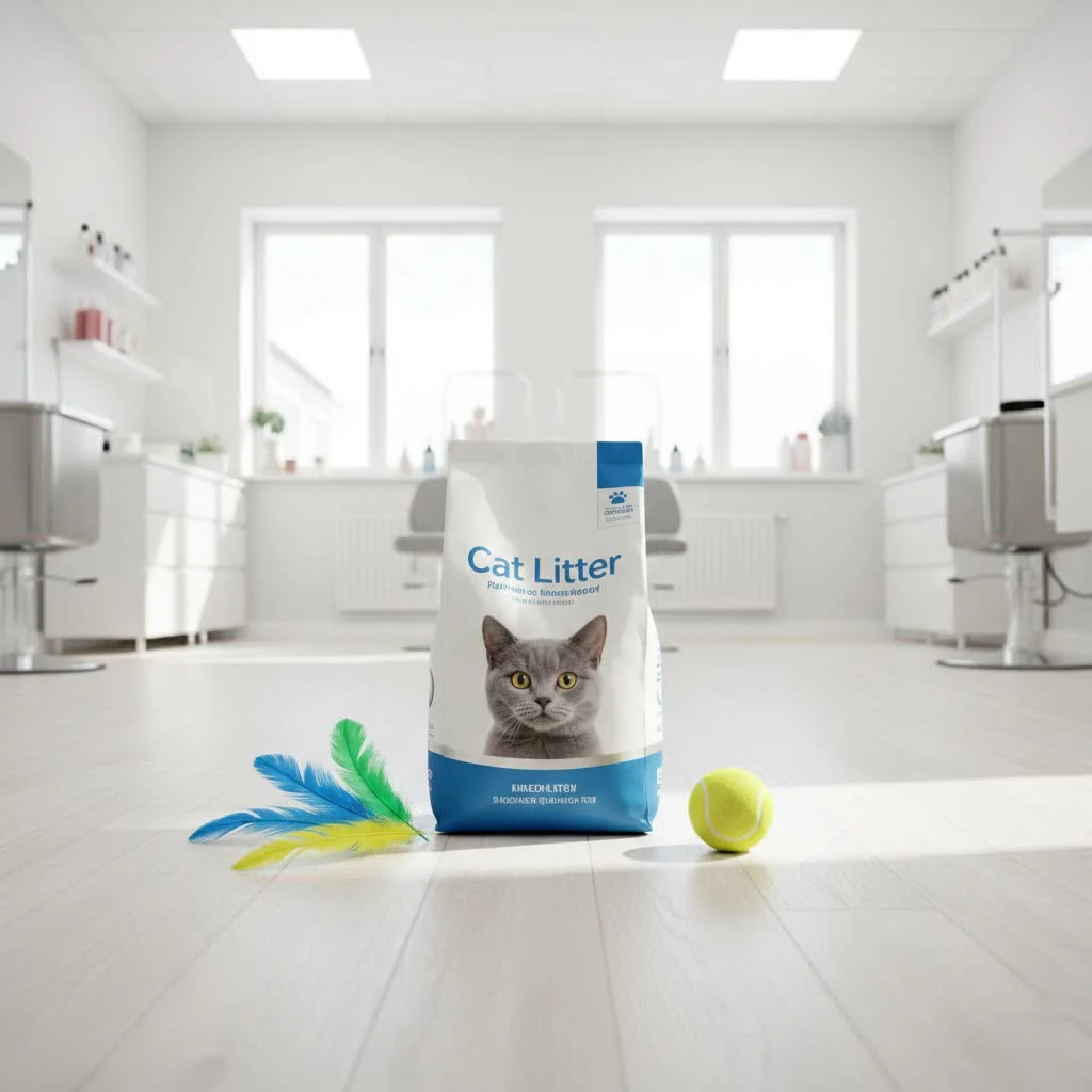 Cat looking at different types of cat litter